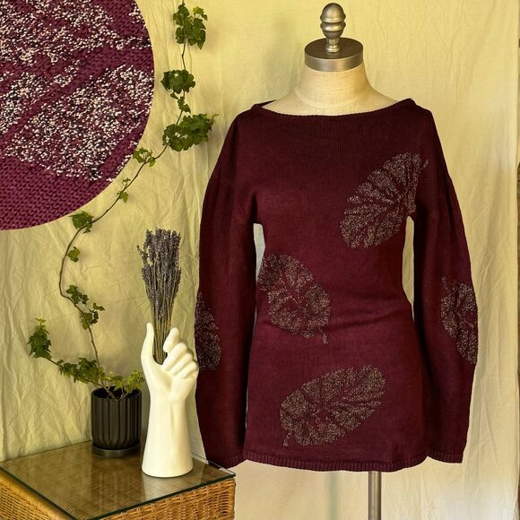 ✨RARE✨ 100% Wool Vintage Balloon Sleeve Tunic Wine Sweater with Gold Leaves - Picture 2 of 9